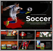 Soccer themed template showcasing a player kicking a ball on the cover and various slides discussing related topics.