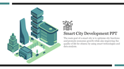 Illustration of a smart city with tall green buildings, trees, and vehicles, focusing on urban development concepts.