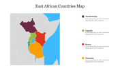 Map of East Africa highlighting South Sudan, Uganda, Kenya, and Tanzania in distinct colors with caption areas.