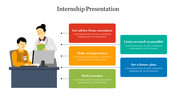 Illustrative slide with internship tips in vibrant boxes, highlighting advice on mentorship, learning, and future planning.