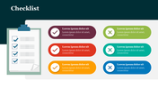 Checklist graphic with clipboard on the left and six colorful oval sections on the right, each with checkmarks or X marks.