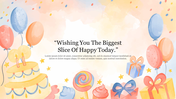 Colorful birthday background slide with illustrated balloons, cake, presents, and confetti, paired with a celebratory quote.