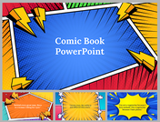 Colorful comic book-themed colorful background slides with dynamic speech bubbles and bold text elements.