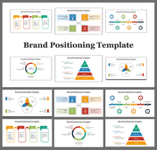 Slide deck with colorful visuals like pyramids, circular diagrams, and flowcharts showcasing brand positioning models.