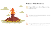 Illustration of volcano erupting with lava, set against a green landscape, with three text and icons on the right.