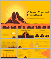 Volcano themed slides featuring vibrant graphics of volcanoes, with many sections on a yellow backdrop.