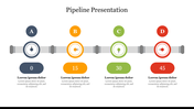 Four multi colour circles on a grey pipeline in alphabetical order with a colored box at the bottom each with a caption area.