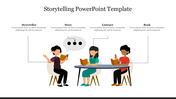 Storytelling template with a storyteller, listener, and book including text bubbles representing the story being shared.