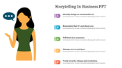 Illustration of a woman with a speech bubble, and five storytelling tips listed with numbered colorful icons on the right.