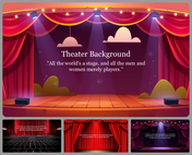 A pack of theater themed slides featuring a red stage with curtains and spotlights, showcasing a famous Shakespeare quote.