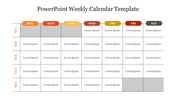 Weekly calendar slide featuring a colorful header and structured grid with days of the week for five weeks and a text area.