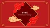 Chinese New Year slide with a red background, gold border, and decorative elements with red flowers, clouds, and text area.