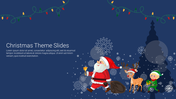 Christmas theme slide with santa claus, a reindeer, and an elf on a snowy background, decorated with lights and snowflakes.