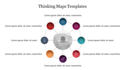 Thinking map with eight colorful icons in a circle, linked to a central grayscale image with surrounding text boxes.