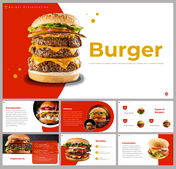 Slide deck featuring images of stacked burger covering history, types, and benefits, on red and white background.