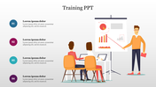 Slide with a trainer presenting charts to two seated participants using a projector screen with a placeholder section.