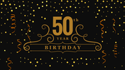 Golden 50th birthday slide featuring confetti, swirls, and celebratory elements, on a black background.