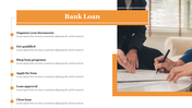 Bank loan process slide with a six-step list and an image of a person signing a document on the right with caption areas.