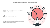 Time management slide featuring a large clock with icons symbolizing various activities and a person meditating in front.