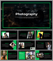 Photography template showing a camera-focused cover slide, with content slides on various photography topics.