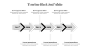 Black and white timeline slide showing years 2017 to 2022 with arrows and placeholder text for each year’s description.