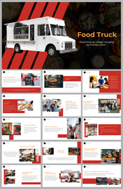 Slide deck on food trucks with white and red backgrounds, discussing industry growth, cuisines, and design innovation.