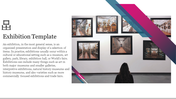 A viewer in a exhibition examines framed images; geometric accents in pink and blue add a dynamic touch with a caption area.