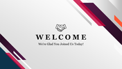 Welcome slide with handshake icon, greeting text on a white background, highlighted by shapes in red, purple, and orange.