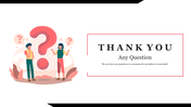 Thank you slides with a question theme, featuring illustrations of people pondering with large question marks.