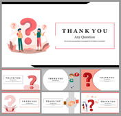 Thank you slides with a question theme, featuring illustrations of people pondering with large question marks.