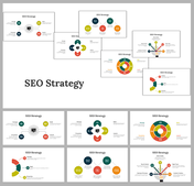 SEO strategy slide deck with various diagrams, charts, and circular visuals detailing optimization steps and metrics.