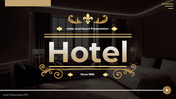 Collection of slides showing images of hotel services on a dark background with gold accents.