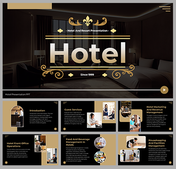 Collection of slides showing images of hotel services on a dark background with gold accents.