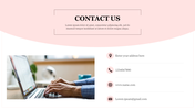 Professional contact information slide with pink accents and fields for address, phone, website, and email with icons.