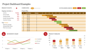 Project dashboard slides with Gantt chart, a burndown chart, and a timeline, using a palette of brown, green, and red.