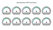 Ten speedometer icons in two rows, each with blue, green, and red segments, ranging from 0 to 100.