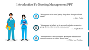 Slide with illustrations of two nurses and quotes about management from notable figures with icons.