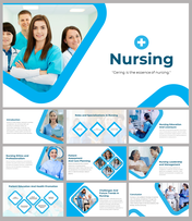 A pack of blue themed nursing slides with multiple layout designs and images with text descriptions.