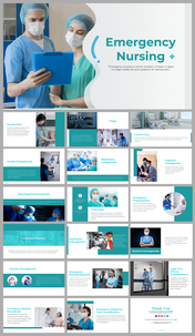 Slide deck with medical professionals in masks, illustrating various emergency nursing topics, in teal and white colors.