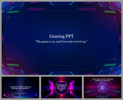 Futuristic gaming-themed background slides with a dark blue digital interface design, featuring a quote and title text.