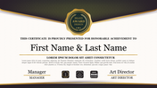 Award certificate design with a wavy background, black and gold badge, and placeholders for recipient's name and signatures.