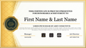 Elegant certificate slide with a gold border, black and gold seal, and spaces for recipient name and signatures.