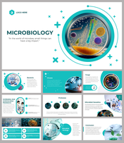 A pack of microbiology slides featuring a petri dish with microbes, and various images with descriptions related to it.