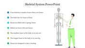 Slide with an illustration of a person explaining skeleton diagram with colorful bullet points on the left.