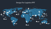 Blue world map with white icons of planes, ships, and trucks connected by dotted lines, indicating logistics routes.