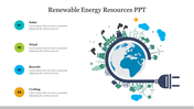 Renewable energy resources slide with a list of four items by a graphic of the Earth with icons connected to a power plug.