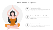 Slide showcasing yoga's health benefits: flexibility, organ health, and strength, with illustrations of poses.