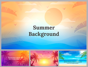 Summer backgrounds slide deck featuring vibrant sunsets, palm trees, and ocean views, with quotes about its beauty.