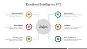 Slide outlining emotional intelligence with six connected attributes with placeholder text.