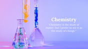 Chemistry themed slides with beakers and test tubes holding blue, yellow, and green liquid on a purple gradient background.